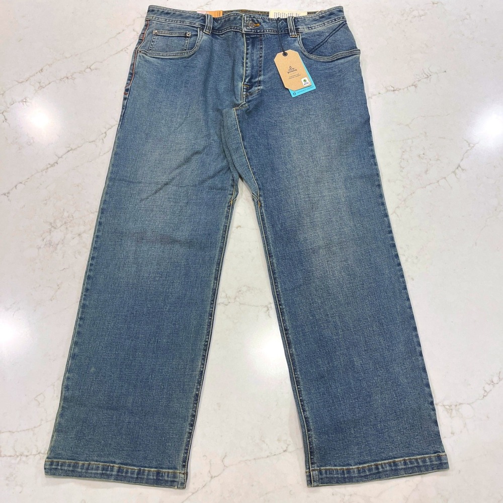 Prana NEW Axiom Jeans Mens 36 x30 Blue Denim Straight Leg Organic Cotton Stretch